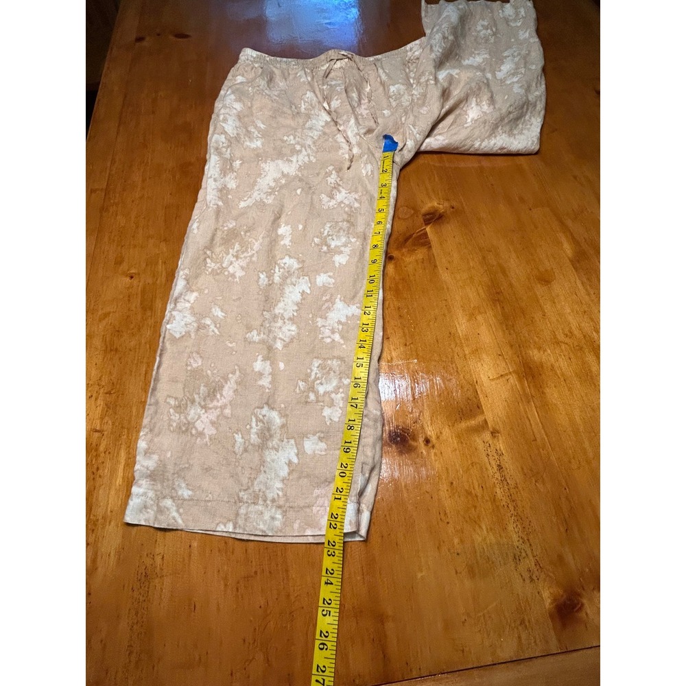 DKNY Pure 100% Linen Boho Chic Wide Leg Drawstring Pants Tan White Tie Dye Print - Picture 5 of 10